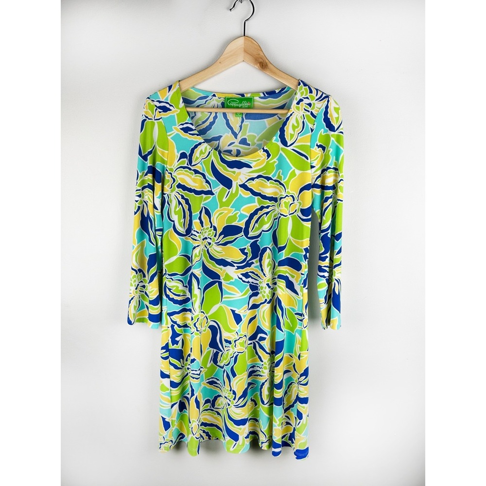 Papagallo Tropical Floral Jersey Dress Women's XS Blue Green Shift 3/4 Sleeve